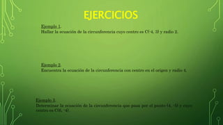 Ejemplo 1.
Hallar la ecuación de la circunferencia cuyo centro es C(-4, 3) y radio 2.
Ejemplo 2.
Encuentra la ecuación de la circunferencia con centro en el origen y radio 4.
Ejemplo 3.
Determinar la ecuación de la circunferencia que pasa por el punto (4, -5) y cuyo
centro es C(6, -4).
EJERCICIOS
 