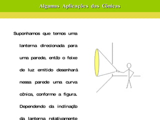 Algumas Aplicações das Cônicas Suponhamos que temos uma lanterna direcionada para uma parede, então o feixe de luz emitido desenhará nessa parede uma curva cônica, conforme a figura. Dependendo da inclinação da lanterna relativamente à parede, assim se obtém uma circunferência, uma elipse, uma parábola ou uma hipérbole. 