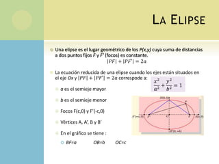 LA ELIPSE
 Una elipse es el lugar geométrico de los P(x,y) cuya suma de distancias
a dos puntos fijos F y F’ (focos) es constante.
𝑃𝐹 + 𝑃𝐹′ = 2𝑎
 La ecuación reducida de una elipse cuando los ejes están situados en
el eje Ox y 𝑃𝐹 + 𝑃𝐹′ = 2𝑎 correspode a:
 a es el semieje mayor
 b es el semieje menor
 Focos F(c,0) y F’(-c,0)
 Vértices A, A’, B y B’
 En el gráfico se tiene :
 BF=a OB=b OC=c
𝑥2
𝑎2 +
𝑦2
𝑏2 = 1
 