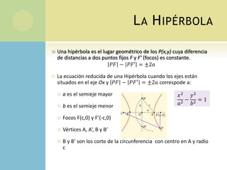 LA HIPÉRBOLA
 Una hipérbola es el lugar geométrico de los P(x,y) cuya diferencia
de distancias a dos puntos fijos F y F’ (focos) es constante.
𝑃𝐹 − 𝑃𝐹′ = ±2𝑎
 La ecuación reducida de una Hipérbola cuando los ejes están
situados en el eje Ox y 𝑃𝐹 − 𝑃𝐹′
= ±2𝑎 correspode a:
 a es el semieje mayor
 b es el semieje menor
 Focos F(c,0) y F’(-c,0)
 Vértices A, A’, B y B’
 B y B’ son los corte de la circunferencia con centro en A y radio
c
𝑥2
𝑎2 −
𝑦2
𝑏2 = 1
 