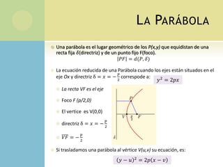 LA PARÁBOLA
 Una parábola es el lugar geométrico de los P(x,y) que equidistan de una
recta fija 𝛿(directriz) y de un punto fijo F(foco).
𝑃𝐹 = 𝑑(𝑃, 𝛿)
 La ecuación reducida de una Parábola cuando los ejes están situados en el
eje Ox y directriz δ = 𝑥 = −
𝑝
2
correspode a:
 La recta VF es el eje
 Foco F (p/2,0)
 El vertice es V(0,0)
 directriz δ = 𝑥 = −
𝑝
2
 𝑉𝐹 = −
𝑝
2
 Si trasladamos una parábola al vértice V(u,v) su ecuación, es:
𝑦2
= 2𝑝𝑥
𝑦 − 𝑢 2
= 2𝑝 𝑥 − 𝑣
 