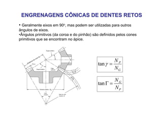 ENGRENAGENS CÔNICAS DE DENTES RETOS
ENGRENAGENS CÔNICAS DE DENTES RETOS
• Geralmente eixos em 90o, mas podem ser utilizadas para outros
ângulos de eixos.
•Ângulos primitivos (da coroa e do pinhão) são definidos pelos cones
primitivos que se encontram no ápice.
Distância de cone A0
G
P
N
N
=
γ
tan
P
G
N
N
=
Γ
tan
 