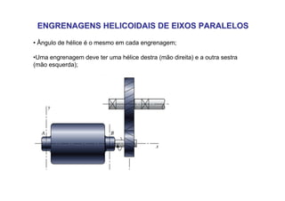 ENGRENAGENS HELICOIDAIS DE EIXOS PARALELOS
ENGRENAGENS HELICOIDAIS DE EIXOS PARALELOS
• Ângulo de hélice é o mesmo em cada engrenagem;
•Uma engrenagem deve ter uma hélice destra (mão direita) e a outra sestra
(mão esquerda);
 