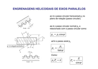 ENGRENAGENS HELICOIDAIS DE EIXOS PARALELOS
ENGRENAGENS HELICOIDAIS DE EIXOS PARALELOS
•
hélice
de
ângulo
o
é
ψ
ac é o passo circular transversal pt no
plano de rotação (passo circular);
ae é o passo circular normal pn e
relacionado com o passo circular como:
ψ
cos
t
n p
p =
ψ
tan
t
x
p
p =
ad é o passo axial px
π
=
n
nP
p
Como:
ψ
cos
t
n
P
P =
 