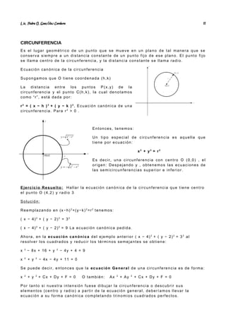 Lic. Pedro O. Gonz lez Cordero
á 11
CIRCUNFERENCIA
Es el lugar geométrico de un punto que se mueve en un plano de tal manera que se
conserva siempre a un distancia constante de un punto fijo de ese plano. El punto fijo
se llama centro de la circunferencia, y la distancia constante se llama radio.
Ecuación canónica de la circunferencia
Supongamos que O tiene coordenada (h,k)
La distancia entre los puntos P(x,y) de la
circunferencia y el punto C(h,k), la cual denotamos
como “r”, está dada por:
r2
= ( x − h ) 2
+ ( y − k ) 2
, Ecuación canónica de una
circunferencia. Para r2
> 0 .
Entonces, tenemos:
Un tipo especial de circunferencia es aquella que
tiene por ecuación:
x2
+ y2
= r2
Es decir, una circunferencia con centro O (0,0) , el
origen: Despejando y , obtenemos las ecuaciones de
las semicircunferencias superior e inferior.
Ejercicio Resuelto: Hallar la ecuación canónica de la circunferencia que tiene centro
el punto O (4,2) y radio 3
Solución:
Reemplazando en (x−h)2
+(y−k)2
=r2
tenemos:
( x − 4)2
+ ( y − 2)2
= 32
( x − 4)2
+ ( y − 2)2
= 9 La ecuación canónica pedida.
Ahora, en la ecuación canónica del ejemplo anterior ( x − 4)2
+ ( y − 2)2
= 32
al
resolver los cuadrados y reducir los términos semejantes se obtiene:
x 2
− 8x + 16 + y 2
− 4y + 4 = 9
x 2
+ y 2
− 4x − 4y + 11 = 0
Se puede decir, entonces que la ecuación General de una circunferencia es de forma:
x 2
+ y 2
+ Cx + Dy + F = 0 O también: Ax 2
+ Ay 2
+ Cx + Dy + F = 0
Por tanto si nuestra intensión fuese dibujar la circunferencia o descubrir sus
elementos (centro y radio) a partir de la ecuación general, deberíamos llevar la
ecuación a su forma canónica completando trinomios cuadrados perfectos.
 