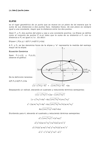 Lic. Pedro O. Gonz lez Cordero
á 14
ELIPSE
es el lugar geométrico de un punto que se mueve en un plano de tal manera que la
suma de sus distancias a dos puntos fijos, llamados focos, de ese plano es siempre
igual a una constante, mayor que la distancia entre los dos puntos.
Sean F1 y F2 dos puntos del plano y sea a una constante positiva. La Elipse se define
como el conjunto de puntos P (x,y) tales que la suma de su distancia a F 1 con su
distancia a F2 es igual a 2 a . Es decir:
Elipse= { P(x,y) / d(P,F1 )+d(P,F2 )=2a}
A F1 y F2 se les denomina focos de la elipse y “a” representa la medida del semieje
mayor de la elipse.
Ecuación Canónica
Sean F1 (−c,0) y F2 (c,0),
observe el gráfico:
De la definición tenemos:
d(P,F2 )+d(P,F1 )=2a
√(x−c)
2
+( y−0)
2
+ √(x+c)
2
+( y−0)
2
=2a
Despejando un radical, elevando al cuadrado y reduciendo términos semejantes:
(√(x−c)
2
+ y
2
)
2
=(2a−√(x+c)
2
+ y
2
)
2
(x−c)2
+ y2
=4 a2
−4a√(x+c)2
+ y2
+(x+c)2
+ y2
x
2
−2xc+c
2
+ y
2
=4a
2
−4 a√(x+c)
2
+ y
2
+x
2
+2 xc+c
2
+ y
2
4 a√(x+c)
2
+ y
2
=4a
2
+4 xc
Dividiendo para 4, elevando al cuadrado y reduciendo términos semejantes:
a
2
(√(x+c)
2
+ y
2
)
2
=(a
2
+xc)
2
a
2
(x
2
+2xc+c
2
+ y
2
)=a
4
+2a
2
xc+c
2
x
2
a2
x2
+2a2
xc+a2
c2
+a2
y2
=a4
+2a2
xc+c2
x2
a
2
x
2
−c
2
x
2
+a
2
y
2
=a
4
−a
2
c
2
 