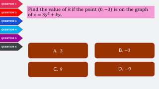 QUESTION 1
QUESTION 2
QUESTION 3
QUESTION 4
QUESTION 5
QUESTION 6
Find the value of k if the point (0, −3) is on the graph
of 𝑥 = 3𝑦2 + 𝑘𝑦.
A. 3 B. −3
C. 9 D. −9
 
