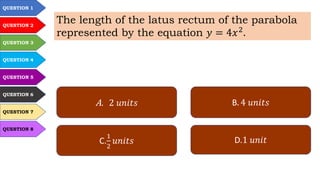 QUESTION 1
QUESTION 2
QUESTION 3
QUESTION 4
QUESTION 5
QUESTION 6
QUESTION 7
QUESTION 8
The length of the latus rectum of the parabola
represented by the equation 𝑦 = 4𝑥2
.
A. 2 𝑢𝑛𝑖𝑡𝑠 B. 4 𝑢𝑛𝑖𝑡𝑠
C.
1
2
𝑢𝑛𝑖𝑡𝑠 D.1 𝑢𝑛𝑖𝑡
 