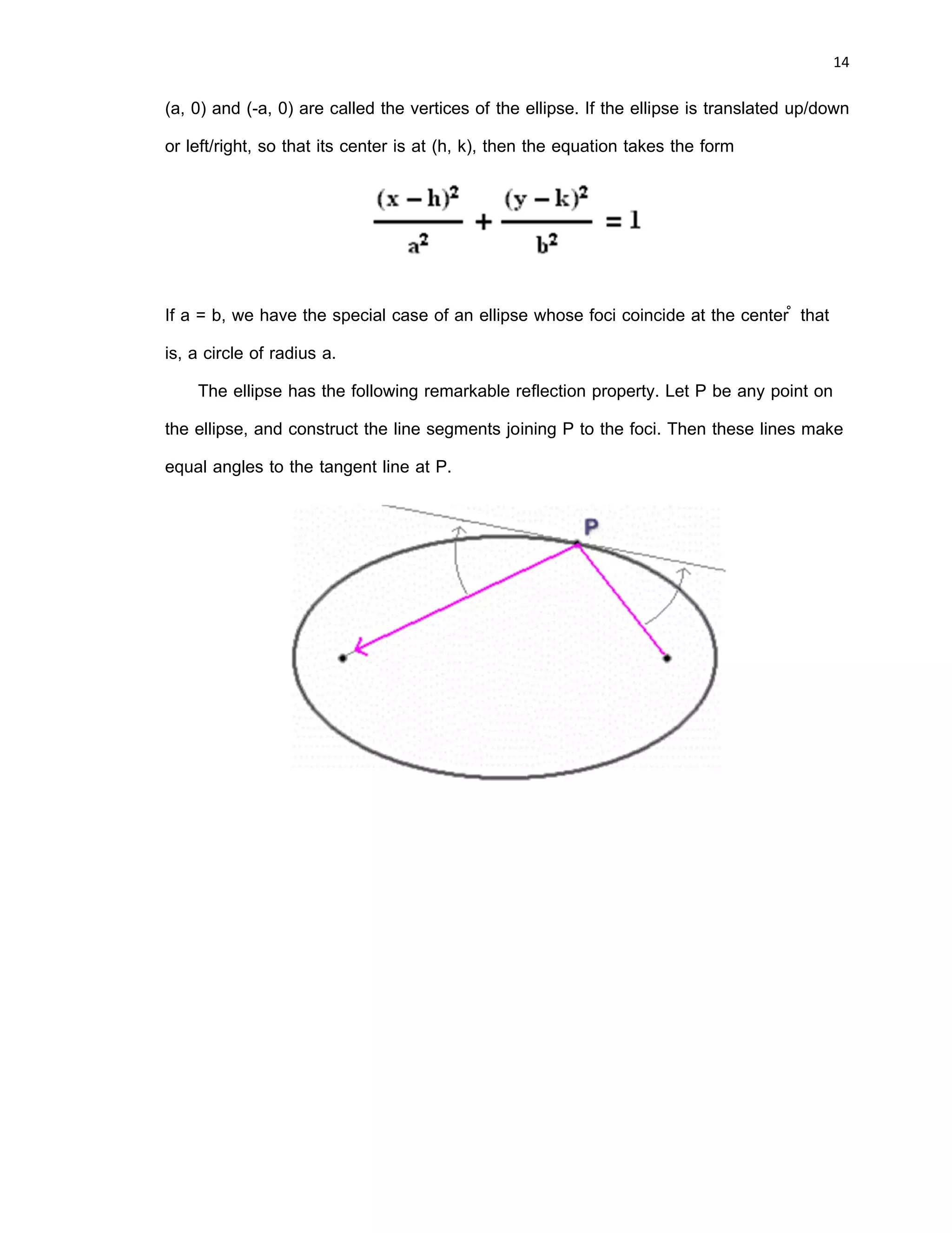 13 
 
By imposing coordinate axes in this convenient manner, we see that the vertices are at
the x intercepts, at a and -a, and that the y-intercepts are at b and -b. Let the variable
point P on the ellipse be given the coordinates (x, y). We may then apply the distance
formula for the distances from P to F1 and from P to F2 to express our geometrical
definition of the ellipse in the language of algebra:
Substituting a2 – b2 for c2 and using a little algebra, we can then derive the standard
equation for an ellipse centered at the origin,
where a and b are the lengths of the semi-major and semi-minor axes, respectively. (If
the major axis of the ellipse is vertical, exchange a and b in the equation.) The points
 