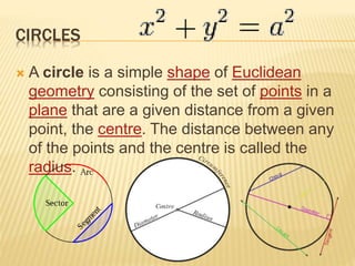 CIRCLES
 A circle is a simple shape of Euclidean
geometry consisting of the set of points in a
plane that are a given distance from a given
point, the centre. The distance between any
of the points and the centre is called the
radius.