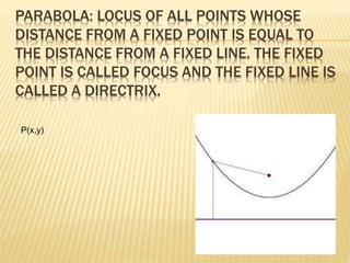 PARABOLA: LOCUS OF ALL POINTS WHOSE
DISTANCE FROM A FIXED POINT IS EQUAL TO
THE DISTANCE FROM A FIXED LINE. THE FIXED
POINT IS CALLED FOCUS AND THE FIXED LINE IS
CALLED A DIRECTRIX.
P(x,y)