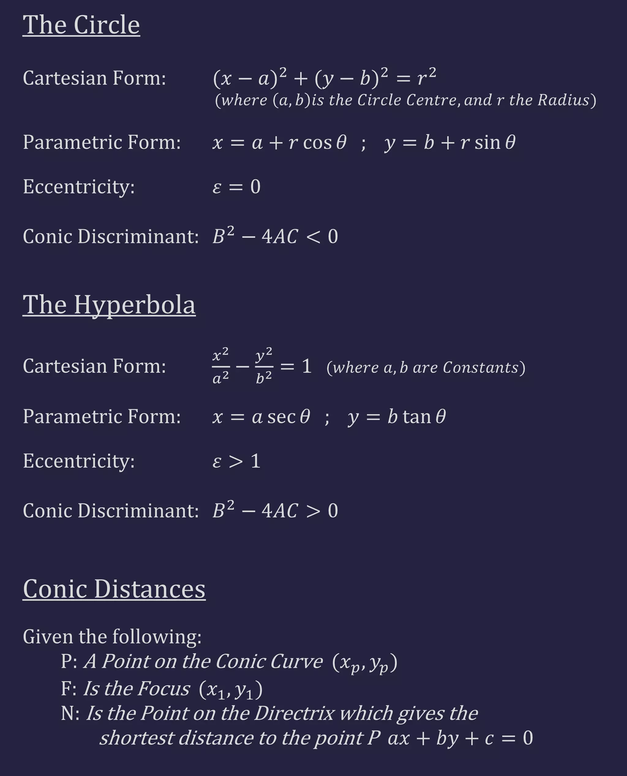 The Circle
Cartesian Form:
Parametric Form:
Eccentricity:
Conic Discriminant:
The Hyperbola
Cartesian Form:
Parametric Form:
Eccentricity:
Conic Discriminant:
Conic Distances
Given the following:
P: A Point on the Conic Curve
F: Is the Focus
N: Is the Point on the Directrix which gives the
shortest distance to the point P