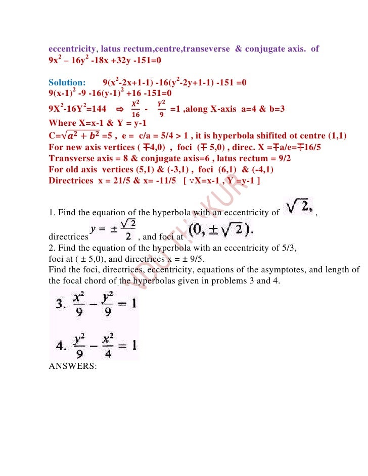 conic sections find the standard form of the equation of the hyperbola satisfying the given conditions