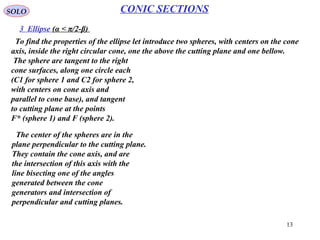 13
SOLO CONIC SECTIONS
Hyperbola (α > π/2-β) (Continue – 1)
Let draw the cone generator CP (where C is the cone apex and P is any point on the
Hyperbola).
Since PF* is tangent to sphere 1
and PF is tangent to sphere 2, and
since the tangent distances to a
sphere from the same points are
equal, we have:
** PQPF = PQPF =
Therefore
*** QCQPQPQPFPF =−=−
Since Q* is on circle C1 and Q on
circle C2 and on the same generator
the distance Q*Q is independent on P.
P
F
F*
Q
Cutting
Plane
Right
Circular
Cone
Sphere1 Tangent to
Cone &
Cuting Plane at F*
Cone
Apex
Circle on
the Sphere2
& Cone
Sphere2 Tangent to
Cone &
Cuting Plane at F
Circle on
the
Sphere1
& Cone
Conical
Section
Conical
Section
C
Q*
Cone
Axis
Hyperbola (Definition 1)
Hyperbola is a planar curve, such that the difference of distances, from any point on the
curve, to two fixed points (foci) in the plane is constant. Hyperbola has two branches.
 