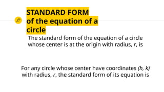 STANDARD FORM
of the equation of a
circle
The standard form of the equation of a circle
whose center is at the origin with radius, r, is
For any circle whose center have coordinates (h, k)
with radius, r, the standard form of its equation is
 