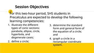 Session Objectives
For this two-hour period, SHS students in
Precalculus are expected to develop the following
learning competencies:
1. illustrate the different
types of conic sections:
parabola, ellipse, circle,
hyperbola, and
degenerate cases;
2. define a circle;
3. determine the standard
form and general form of
the equation of a circle;
and
4. graph a circle in a
rectangular coordinate
system.
 