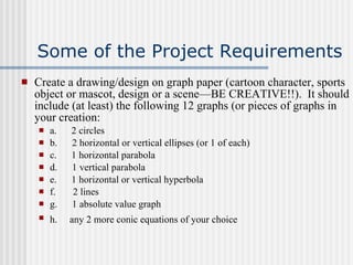Some of the Project Requirements Create a drawing/design on graph paper (cartoon character, sports object or mascot, design or a scene—BE CREATIVE!!).  It should include (at least) the following 12 graphs (or pieces of graphs in your creation: a.       2 circles b.       2 horizontal or vertical ellipses (or 1 of each) c.        1 horizontal parabola d.       1 vertical parabola e.        1 horizontal or vertical hyperbola f.         2 lines g.       1 absolute value graph h.  any 2 more conic equations of your choice   