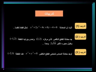 ‫تدريبات‬


                          ‫أثبت أن المعادلة 0 = 4 − ‪x 2 + 2 y 2 − 4x + 8 y‬‬   ‫تدريب )1(‬
      ‫تمثل قطعا ناقصا .‬
        ‫ً‬    ‫ً‬


                                                                            ‫تدريب ) 2(‬
  ‫جد معادلة القطع الناقص الذي مركزه )2 ,2( وإظحدى بؤرتيه النقطة )2 ,1−(‬

                                       ‫وطول محوره الكبر 01 2 وظحدة .‬


‫أوجد معادلة المماس لمنحنى القطع الناقص 8 = 2 ‪ x 2 + y‬عند النقطة )1,2−(‬      ‫تدريب ) 3(‬
 