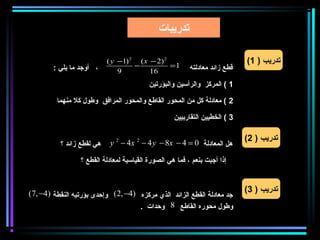 ‫تدريبات‬

                           ‫2 )2 − ‪( y −1) 2 (x‬‬
                                    ‫−‬          ‫1=‬
                                                                            ‫تدريب ) 1(‬
        ‫، أوجد ما يلي :‬        ‫9‬        ‫61‬               ‫قطع زائد معادلته‬

                                          ‫1 ( المركز والرأسين والبؤرتين‬

         ‫2 ( معادلة كل من المحور القاطع والمحور المرافق وطول كل منهما‬

                                                   ‫3 ( الخطيين التقاربيين‬

                                                                            ‫تدريب ) 2(‬
          ‫هي لقطع زائد ؟‬    ‫هل المعادلة 0 = 4 − ‪y 2 − 4x 2 − 4 y − 8x‬‬

                 ‫إذا أجبت بنعم ، فما هي الصورة القياسية لمعادلة القطع ؟‬



‫جد معادلة القطع الزائد الذي مركزه )4− ,2( وإحدى بؤرتيه النقطة )4− ,7(‬       ‫تدريب ) 3(‬
                                    ‫وطول محوره القاطع 8 وحدات .‬
 