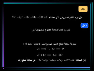 ‫مثال‬


‫عين نوع القطع المخروطي الذي معادلته 0 = 731− ‪7 x 2 − 9 y 2 −14x − 54 y‬‬
                                                                    ‫نّ‬


                                                                        ‫الحل‬
                    ‫الصورة العامة لمعادلة القطوع المخروطية هي‬

              ‫0 = ‪Ax 2 + Bxy + Cy 2 + Dx + Ey + F‬‬

           ‫بمقارنة معادلة القطع المخروطي مع الصورة العامة ، نجد أن :‬
                           ‫9 = −− = ‪A‬‬
                              ‫‪7 , C‬‬ ‫−‬

                           ‫ 36 = × ‪A‬‬
                              ‫‪C‬‬ ‫−‬    ‫0‬

     ‫هي معادلة لقطع زائد‬   ‫إذن المعادلة 0 = 731− ‪7 x 2 − 9 y 2 −14x − 54 y‬‬
 