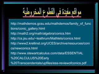http://mathdemos.gcsu.edu/mathdemos/family_of_func
tions/conic_gallery.html
http://math2.org/math/algebra/conics.htm
http://cs.jsu.edu/~leathrum/Mathlets/conics.html
http://www2.krellinst.org/UCES/archive/resources/coni
cs/newconics.html
http://www.stewartcalculus.com/data/ESSENTIAL
%20CALCULUS%20Early
%20Transcendentals/upfiles/ess-reviewofconics.pdf
 