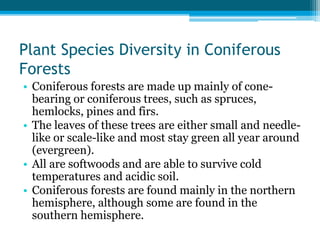 Plant Species Diversity in Coniferous
Forests
• Coniferous forests are made up mainly of cone-
bearing or coniferous trees, such as spruces,
hemlocks, pines and firs.
• The leaves of these trees are either small and needle-
like or scale-like and most stay green all year around
(evergreen).
• All are softwoods and are able to survive cold
temperatures and acidic soil.
• Coniferous forests are found mainly in the northern
hemisphere, although some are found in the
southern hemisphere.
 