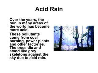 Acid Rain Over the years, the rain in many areas of the world has become more acid.  These pollutants come from coal burning, power plants and other factories. The trees die and stand like grey skeletons against the sky due to acid rain.   
