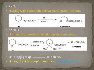  RXN: III
 Heating with hydroiodic acid at 3000C gives n- octane.
 RXN: IV
 Hofmann’s exhaustive degradation gives n-octane.
 Iso-propyl group iso-octane.
 Hence, the side group in coniine is n-propyl group.
 