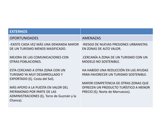 EXTERNOS
OPORTUNIDADES

AMENAZAS

-EXISTE CADA VEZ MÁS UNA DEMANDA MAYOR -RIESGO DE NUEVAS PRESIONES URBANISTAS
DE UN TURISMO MENOS MASIFICADO.
EN ZONAS DE ALTO VALOR.
MEJORA DE LAS COMUNICACIONES CON
OTRAS POBLACIONES.

.CERCANÍA A ZONA DE UN TURISMO CON UN
MODELO NO SOSTENIBLE.

ESTA CERCANO A OTRA ZONA CON UN
TURISMO YA MUY DESARROLLADO Y
EXPORTADO (Ej. Costa del Sol).

HA HABIDO UNA REDUCCIÓN EN LAS AYUDAS
PARA FAVORECER UN TURISMO SOSTENIBLE.

MÁS APOYO A LA PUESTA EN VALOR DEL
PATRIMONIO POR PARTE DE LAS
ADMINISTRACIONES (Ej. Torre de Guzmán y la
Chanca).

MAYOR COMPETENCIA DE OTRAS ZONAS QUE
OFRECEN UN PRODUCTO TURÍSTICO A MENOR
PRECIO (Ej: Norte de Marruecos).

 
