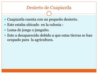 Desierto de Cuapiaxtla

 Cuapiaxtla cuenta con un pequeño desierto.
 Este estaba ubicado en la colonia :
 Loma de jongo o junguito.
 Este a desaparecido debido a que estas tierras se han
 ocupado para la agricultura.
 