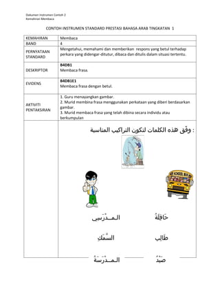 Dokumen Instrumen Contoh 2
Kemahiran Membaca


             CONTOH INSTRUMEN STANDARD PRESTASI BAHASA ARAB TINGKATAN 1

KEMAHIRAN             Membaca
BAND                  4
                      Mengetahui, memahami dan memberikan respons yang betul terhadap
PERNYATAAN
                      perkara yang didengar-ditutur, dibaca dan ditulis dalam situasi tertentu.
STANDARD
                      B4DB1
DESKRIPTOR            Membaca frasa.

                      B4DB1E1
EVIDENS
                      Membaca frasa dengan betul.

                      1. Guru menayangkan gambar.
                      2. Murid membina frasa menggunakan perkataan yang diberi berdasarkan
AKTIVITI
                      gambar.
PENTAKSIRAN
                      3. Murid membaca frasa yang telah dibina secara individu atau
                      berkumpulan

                                       ‫: وفق هذه الكلمات لتكون التراكيب المناسبة‬
                                                                            ّ




                                        ‫ال ـم ـ ـدرسي‬
                                         ِ  َ  ْ                            ُ  َ  ِ  َ 
                                                                              ‫حافلة‬


                                           ِ  َ  َّ‫ع‬
                                             ‫السمك‬                          ‫طالب‬
                                                                             ِ  َ 


                                         ُ  َ  َ  10
                                           ‫ال ـم ـ ـدْرسة‬                    ُ  ْ َ 
                                                                               ‫صيد‬
 