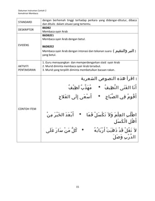 Dokumen Instrumen Contoh 2
Kemahiran Membaca


                      dengan berhemah tinggi terhadap perkara yang didengar-ditutur, dibaca
STANDARD
                      dan ditulis dalam situasi yang tertentu.
                      B6DB2
DESKRIPTOR
                      Membaca syair Arab
                      B6DB2E1
                      Membaca syair Arab dengan betul.
EVIDENS               B6DB2E2
                      Membaca syair Arab dengan intonasi dan tekanan suara              ( ‫) النبر والتنغيم‬
                      yang betul.

                      1. Guru menayangkan dan memperdengarkan slaid syair Arab
AKTIVITI              2. Murid diminta membaca syair Arab tersebut.
PENTAKSIRAN           3. Murid yang terpilih diminta membetulkan bacaan rakan.


                                                             ‫: اقرأ هذه النصوص الشعرية‬
                                                ٌ ْ ِ  َ  ٌ َ  ُ 
                                                 ‫م ه ذعَّ ب ل ط ي ف‬       * ‫أ  َ نا ال ف تى ال ن ظي ف‬
                                                                             ُ  ِ  َّ‫ع‬   َ  َ    َ 
                                         ‫أ  َ س عى إ  ِ لى ال فل ح‬
                                       ِ  َ       َ       َ  ْ            *        ‫أ  َ قو م في ال ص با ح‬
                                                                                 ِ  َ  َّ‫ع‬    ِ  ُ  ُ 

CONTOH ITEM

                              ‫أ  َ ب ع د ال خ ي ر م ن‬
                             ْ ِ  َ  ْ َ   َ  َ  ْ           *   ‫ا ط ل ب ال ع ل م و ال  َ ت ك س ل ف ما‬
                                                                  َ  َ  ْ َ  ْ َ  َ  َ  ْ ِ      ِ  ُ  ْ
                                                                                        ‫أ  َ ه ل ِ ا ل ك س ل‬
                                                                                      ِ  َ  َ  ْ         ْ
                         ‫* ك ل م ن سا ر ع لى‬
                          َ  َ  َ  َ  ْ َ  ّ ُ                           ‫ال  َ ت ق ل ق د ذ ه ب ت أ  َ ر با ب ه‬
                                                                       ُ  ُ  َ  ْ ْ َ  َ  َ  ْ َ  ْ ُ  َ 
                                                                                           َ  َ  َ  ِ  َّ‫ع‬
                                                                                             ‫ال د رْ ب و ص ل‬




                                                        15
 