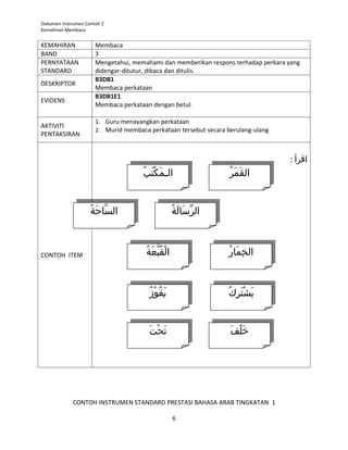 Dokumen Instrumen Contoh 2
Kemahiran Membaca


KEMAHIRAN             Membaca
BAND                  3
PERNYATAAN            Mengetahui, memahami dan memberikan respons terhadap perkara yang
STANDARD              didengar-ditutur, dibaca dan ditulis.
                      B3DB1
DESKRIPTOR
                      Membaca perkataan
                      B3DB1E1
EVIDENS
                      Membaca perkataan dengan betul.

                      1. Guru menayangkan perkataan
AKTIVITI
                      2. Murid membaca perkataan tersebut secara berulang-ulang
PENTAKSIRAN


                                                                                                         : ‫اقرأ‬
                                      ‫ال ـممكتب‬
                                      ُ  ‫ال ـ  َكت ْب‬
                                         ُ  َ  َ  ْ َ                              ُ  ُ  ‫ال  َق  َم‬
                                                                                     ‫القمرر‬
                                                                                         َ  َ 


                    ُ  ُ  ‫الساح‬
                      ‫السا عَّحةة‬
                          َ  َ  َّ‫ع‬                          ُ  ُ  ‫ال ِّسا  َل ل‬
                                                               ‫الررساةة‬
                                                                   َ  َ  َ  ِّ



CONTOH ITEM                            ُ  ُ  ‫ْ ل  ُب  ُبع‬
                                         ‫الاققعةة‬
                                             َ  َ  َّ‫ْ عَّ ع‬                       ُ  ُ  ‫الخ  َما‬
                                                                                     ‫الخما  َرر‬
                                                                                              ِ  ِ 



                                         ُ  ُ  ‫ َ ي  ُف ْو‬
                                           ‫يفوزز‬
                                               ْ ُ  َ                              ُ  ‫ َشت ْت  ِك‬
                                                                                     ‫ي يشررك‬
                                                                                      ُ  ِ  َ  َ  ْ َ 



                                         َ  ‫ َحت‬
                                           ‫ت تحت‬
                                            َ  ْ ْ َ                                َ  ‫خل  َف‬
                                                                                       َ  ْ ْ َ 
                                                                                      ‫خلف‬




             CONTOH INSTRUMEN STANDARD PRESTASI BAHASA ARAB TINGKATAN 1

                                                             6
 