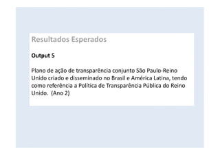 Resultados Esperados
Output 5
Plano de ação de transparência conjunto São Paulo-Reino
Unido criado e disseminado no Brasil e América Latina, tendo
como referência a Política de Transparência Pública do Reino
Unido. (Ano 2)
 