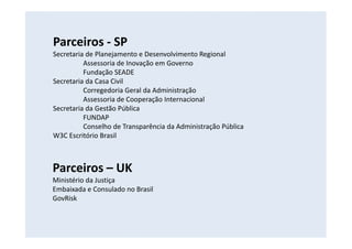 Parceiros - SP
Secretaria de Planejamento e Desenvolvimento Regional
Assessoria de Inovação em Governo
Fundação SEADE
Secretaria da Casa Civil
Corregedoria Geral da Administração
Assessoria de Cooperação Internacional
Secretaria da Gestão Pública
FUNDAP
Conselho de Transparência da Administração Pública
W3C Escritório Brasil
Parceiros – UK
Ministério da Justiça
Embaixada e Consulado no Brasil
GovRisk
 