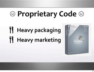☹ Proprietary Code ☹
 Heavy packaging
 Heavy marketing



                       13
 