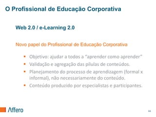 O Profissional de Educação Corporativa


   Web 2.0 / e-Learning 2.0


   Novo papel do Profissional de Educação Corporativa

       Objetivo: ajudar a todos a “aprender como aprender”
       Validação e agregação das pílulas de conteúdos.
       Planejamento do processo de aprendizagem (formal x
        informal), não necessariamente do conteúdo.
       Conteúdo produzido por especialistas e participantes.



                                                                44
 