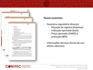 Passos essenciais:
- Panorama regulatório (Anvisa):
- Situação de registro (Datavisa)
- Indicação aprovada (bula)
- Preço aprovado (CMED) e
praticado (BPS)
- Informações técnicas (forma de uso,
efeitos adversos)
 