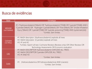 Busca de evidências
Base Estratégia
MEDLINE
(via PubMed)
#1: ("Hydroxocobalamin"[Mesh] OR “hydroxocobalamin”[TIAB] OR “cyanokit”[TIAB]) AND (
"Cyanides"[Mesh] OR "Hydrogen Cyanide"[Mesh] OR "Fires"[Mesh] OR "Smoke Inhalation
Injury"[Mesh] OR "cyanide"[TIAB] OR “cyanide-poisoning”[TIAB]) AND (systematic[sb])
*Limites: Sem limites
Cochrane
(via Wiley)
#1: MeSH descriptor: [Hydroxocobalamin] explode all trees
#2: MeSH descriptor: [Cyanides] explode all trees
#3: #1 and #2
*Limites: Search all text; Cochrane Reviews (Reviews only) OR Other Reviews OR
Technology Assessments OR Economic evaluation
CRD
#1: MeSH DESCRIPTOR Hydroxocobalamin EXPLODE ALL TREES
#2: MeSH DESCRIPTOR Cyanides EXPLODE ALL TREES
#3: #1 AND #2
*Limites: Sem limites
Scielo
#1: (hidroxicobalamina OR hidroxocobalamina) AND (cianeto)
*Limites: Sem limites
 