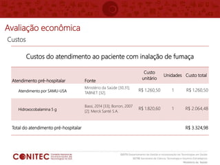 Avaliação econômica
Custos do atendimento ao paciente com inalação de fumaça
Atendimento pré-hospitalar Fonte
Custo
unitário
Unidades Custo total
Atendimento por SAMU-USA
Ministério da Saúde [30,31];
TABNET [32].
R$ 1.260,50 1 R$ 1.260,50
Hidroxocobalamina 5 g
Bassi, 2014 [33]; Borron, 2007
[2]; Merck Santé S.A.
R$ 1.820,60 1 R$ 2.064,48
Total do atendimento pré-hospitalar R$ 3.324,98
Custos
 