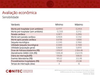 Avaliação econômica
Variáveis Mínimo Máximo
Morte pré-hospitalar (com antídoto) 0,1777 0,2454
Morte pré-hospitalar (sem antídoto) 0,2300 0,3112
Parada cardíaca 0,1877 0,2816
Morte sem parada cardíaca 0,0928 0,1392
Morte após parada cardíaca 0,6706 1,0000
Sequela neurológica 0,1240 0,1860
Utilidade (sequela neurológica) 0,5000 0,7000
Utilidade (população geral) 0,8600 0,8910
Dose de hidroxocobalamina (R$) 1.919,97 2.064,48
Atendimento SAMU-USA (R$) 1.008,40 2.622,95
Diária de internação(R$) 139,00 508,63
Exames laboratorias (R$) 169,32 353,98
Procedimentos hospitalares (R$) 171,60 212,88
Tempo de internação (dias) 4 10
Sensibilidade
 