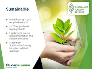Sustainable
 Made from 75 – 90%
recycled material
 100% recyclable &
biodegradable
 Lightweight lowers
fuel consumption and
carbon emissions
 Made from
Sustainable Forestry
Initiative certified
materials
10
 