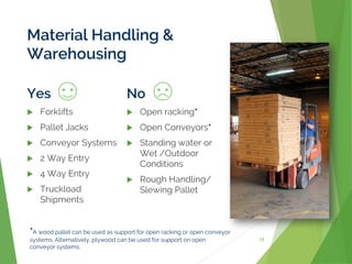 Material Handling &
Warehousing
Yes
 Forklifts
 Pallet Jacks
 Conveyor Systems
 2 Way Entry
 4 Way Entry
 Truckload
Shipments
No
 Open racking*
 Open Conveyors*
 Standing water or
Wet /Outdoor
Conditions
 Rough Handling/
Slewing Pallet
15
*A wood pallet can be used as support for open racking or open conveyor
systems. Alternatively, plywood can be used for support on open
conveyor systems.
 