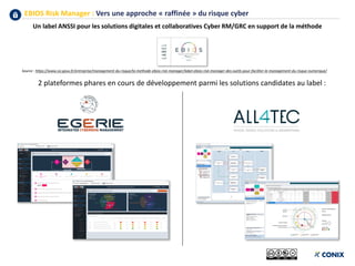 EBIOS Risk Manager : Vers une approche « raffinée » du risque cyber
Un label ANSSI pour les solutions digitales et collaboratives Cyber RM/GRC en support de la méthode
Source : https://www.ssi.gouv.fr/entreprise/management-du-risque/la-methode-ebios-risk-manager/label-ebios-risk-manager-des-outils-pour-faciliter-le-management-du-risque-numerique/
2 plateformes phares en cours de développement parmi les solutions candidates au label :
 