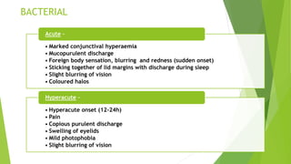 BACTERIAL
• Marked conjunctival hyperaemia
• Mucopurulent discharge
• Foreign body sensation, blurring and redness (sudden onset)
• Sticking together of lid margins with discharge during sleep
• Slight blurring of vision
• Coloured halos
Acute –
• Hyperacute onset (12-24h)
• Pain
• Copious purulent discharge
• Swelling of eyelids
• Mild photophobia
• Slight blurring of vision
Hyperacute –
 