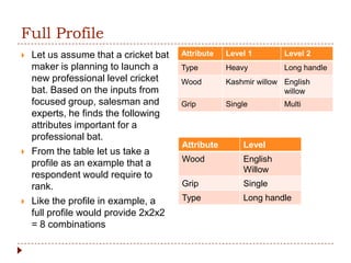 Full Profile
   Let us assume that a cricket bat   Attribute   Level 1        Level 2
    maker is planning to launch a      Type        Heavy          Long handle
    new professional level cricket     Wood        Kashmir willow English
    bat. Based on the inputs from                                 willow
    focused group, salesman and        Grip        Single         Multi
    experts, he finds the following
    attributes important for a
    professional bat.
                                       Attribute       Level
   From the table let us take a
    profile as an example that a       Wood            English
                                                       Willow
    respondent would require to
    rank.                              Grip            Single

   Like the profile in example, a     Type            Long handle
    full profile would provide 2x2x2
    = 8 combinations
 