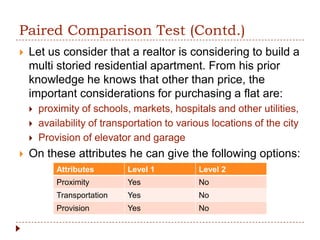 Paired Comparison Test (Contd.)
   Let us consider that a realtor is considering to build a
    multi storied residential apartment. From his prior
    knowledge he knows that other than price, the
    important considerations for purchasing a flat are:
       proximity of schools, markets, hospitals and other utilities,
       availability of transportation to various locations of the city
       Provision of elevator and garage
   On these attributes he can give the following options:
            Attributes       Level 1          Level 2
            Proximity        Yes              No
            Transportation   Yes              No
            Provision        Yes              No
 