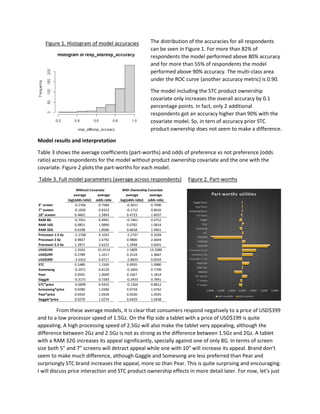 The distribution of the accuracies for all respondents
can be seen in Figure 1. For more than 82% of
respondents the model performed above 80% accuracy
and for more than 55% of respondents the model
performed above 90% accuracy. The multi-class area
under the ROC curve (another accuracy metric) is 0.90.
The model including the STC product ownership
covariate only increases the overall accuracy by 0.1
percentage points. In fact, only 2 additional
respondents got an accuracy higher than 90% with the
covariate model. So, in tern of accuracy prior STC
product ownership does not seem to make a difference.
Model results and interpretation
Table 3 shows the average coefficients (part-worths) and odds of preference vs not preference (odds
ratio) across respondents for the model without product ownership covariate and the one with the
covariate. Figure 2 plots the part-worths for each model.
Table 3. Full model parameters (average across respondents) Figure 2. Part-worths
From these average models, it is clear that consumers respond negatively to a price of USD$399
and to a low processor speed of 1.5Gz. On the flip side a tablet with a price of USD$199 is quite
appealing. A high processing speed of 2.5Gz will also make the tablet very appealing, although the
difference between 2Gz and 2.5Gz is not as strong as the difference between 1.5Gz and 2Gz. A tablet
with a RAM 32G increases its appeal significantly, specially against one of only 8G. In terms of screen
size both 5” and 7” screens will detract appeal while one with 10” will increase its appeal. Brand don’t
seem to make much difference, although Gaggle and Somesong are less preferred than Pear and
surprisingly STC brand increases the appeal, more so than Pear. This is quite surprising and encouraging.
I will discuss price interaction and STC product ownership effects in more detail later. For now, let’s just
average
log(odds ratio)
average
odds ratio
average
log(odds ratio)
average
odds ratio
5" screen -0.2766 0.7584 -0.3011 0.7400
7" sceeen -0.1836 0.8323 -0.1712 0.8426
10" sceeen 0.4602 1.5843 0.4723 1.6037
RAM 8G -0.7051 0.4941 -0.7441 0.4752
RAM 16G 0.0853 1.0890 0.0782 1.0814
RAM 32G 0.6198 1.8586 0.6658 1.9461
Processor 1.5 Gz -2.2708 0.1032 -2.2747 0.1028
Processor 2 Gz 0.9837 2.6742 0.9800 2.6644
Processor 2.5 Gz 1.2871 3.6222 1.2948 3.6501
USD$199 2.3563 10.5514 2.5809 13.2086
USD$299 0.2789 1.3217 0.3124 1.3667
USD$399 -2.6352 0.0717 -2.8933 0.0554
STC 0.1480 1.1595 0.0935 1.0980
Somesong -0.2071 0.8129 -0.2602 0.7709
Pear 0.0591 1.0609 0.1667 1.1814
Gaggle -0.3171 0.7283 -0.2433 0.7841
STC*price -0.0699 0.9325 -0.1264 0.8812
Somesong*price 0.0280 1.0284 0.0734 1.0762
Pear*price 0.0420 1.0428 0.0530 1.0545
Gaggle*price 0.0270 1.0274 0.0429 1.0438
Without Covariate With Ownership Covariate
Figure 1. Histogram of model accuracies
 