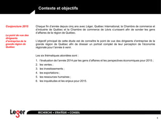 4
Contexte et objectifs
Conjoncture 2015
Le point de vue des
dirigeants
d’entreprise de la
grande région de
Québec
Chaque fin d’année depuis cinq ans avec Léger, Québec International, la Chambre de commerce et
d’industrie de Québec et la Chambre de commerce de Lévis s’unissent afin de sonder les gens
d’affaires de la région de Québec.
L’objectif principal de cette étude est de connaître le point de vue des dirigeants d’entreprise de la
grande région de Québec afin de dresser un portrait complet de leur perception de l’économie
régionale pour l’année à venir.
Les six thématiques abordées sont :
1. l’évaluation de l’année 2014 par les gens d’affaires et les perspectives économiques pour 2015 ;
2. les ventes ;
3. les investissements ;
4. les exportations ;
5. les ressources humaines ;
6. les inquiétudes et les enjeux pour 2015.
 