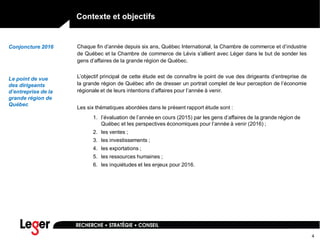4
Contexte et objectifs
Conjoncture 2016
Le point de vue
des dirigeants
d’entreprise de la
grande région de
Québec
Chaque fin d’année depuis six ans, Québec International, la Chambre de commerce et d’industrie
de Québec et la Chambre de commerce de Lévis s’allient avec Léger dans le but de sonder les
gens d’affaires de la grande région de Québec.
L’objectif principal de cette étude est de connaître le point de vue des dirigeants d’entreprise de
la grande région de Québec afin de dresser un portrait complet de leur perception de l’économie
régionale et de leurs intentions d’affaires pour l’année à venir.
Les six thématiques abordées dans le présent rapport étude sont :
1. l’évaluation de l’année en cours (2015) par les gens d’affaires de la grande région de
Québec et les perspectives économiques pour l’année à venir (2016) ;
2. les ventes ;
3. les investissements ;
4. les exportations ;
5. les ressources humaines ;
6. les inquiétudes et les enjeux pour 2016.
 